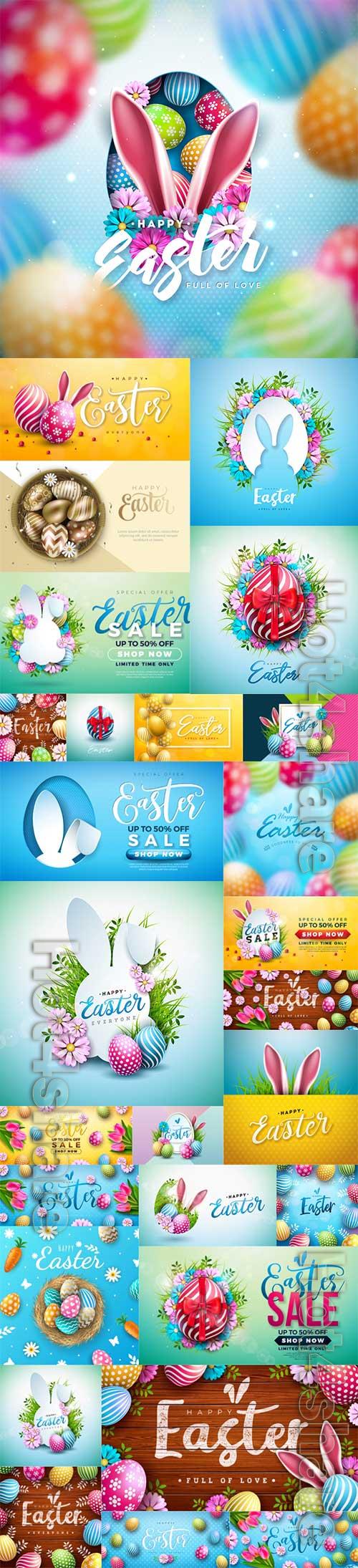 Happy easter poster and colorful easter eggs, bunny and flower