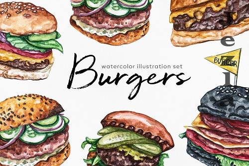 Burger. Watercolor food set illustrations. 6 burgers - 440285