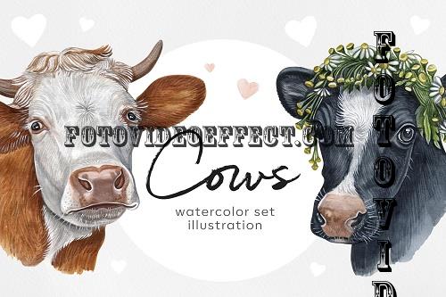 Watercolor set cute cows illustrations. 8 cow/ox - 912257