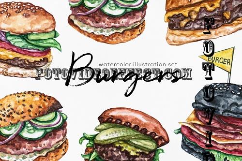 Burger. Watercolor food set illustrations. 6 burgers - 440285