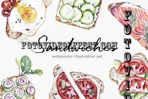 Sandwiche. Watercolor food set illustrations. 22 Sandwiches - 414406
