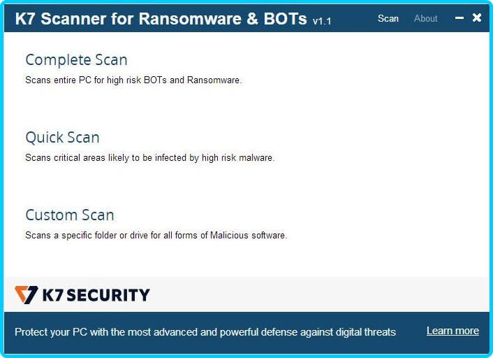 K7 Scanner for Ransomware & BOTs 1.0.0.106 E7f167552f217bd3b8898abaa3e772b0