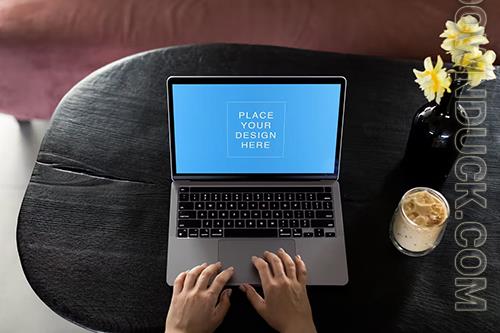 POV Person Working On Notebook Screen Mockup PSD POV Person Working On Notebook Screen Mockup PSD