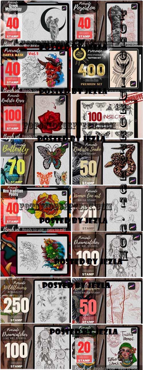 1400 Tattoo Stamp Procreate Brushes Bundle - 15 Premium Collections