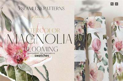 Magnolia blooming seamless patterns
