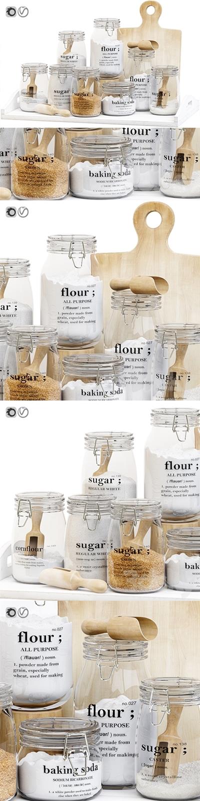 Set of glass jars for the kitchen with sugar and flour